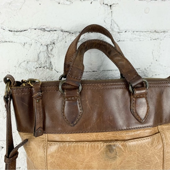 Frye Melissa Small Tote Crossbody Two Tone Brown Leather Purse Bag - Picture 6 of 15